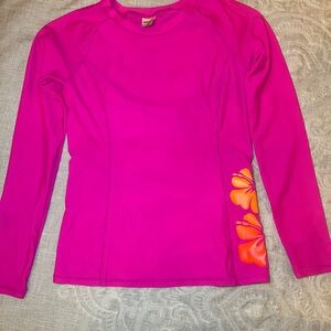 Women’s XS boarding surfing swim shirt neon pink with orange hibiscus detail